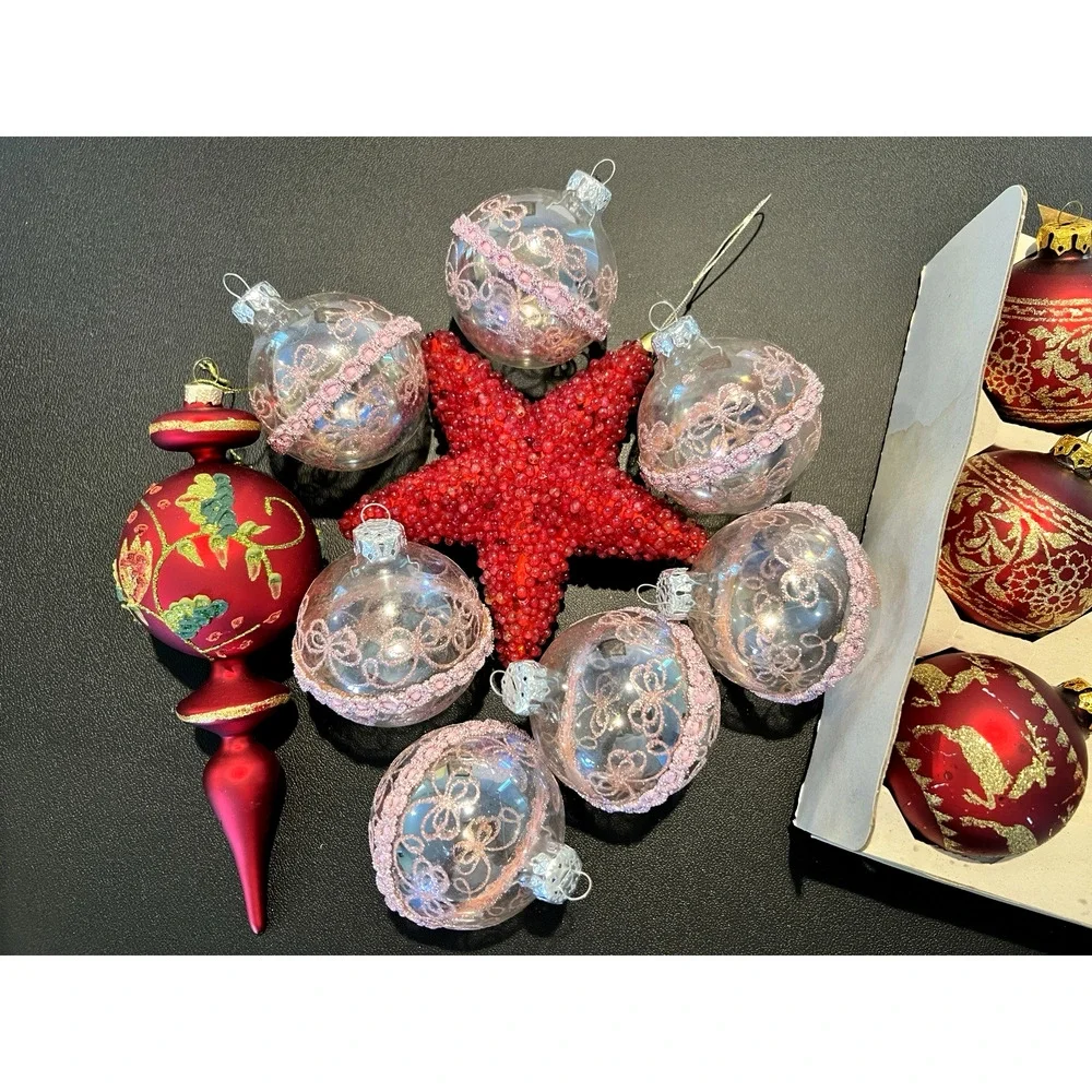Vintage Lot 15 Pyramid Stenciled Glass Christmas Pink Red Gold Various Ornaments